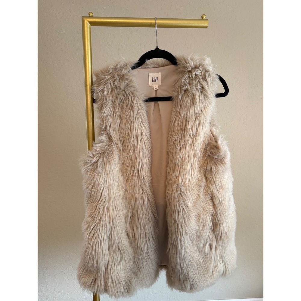 GAP Women Tan Beige Shaggy Faux Fur Vest S Gorpcore Outdoors Glam Layering Boho - Picture 2 of 7